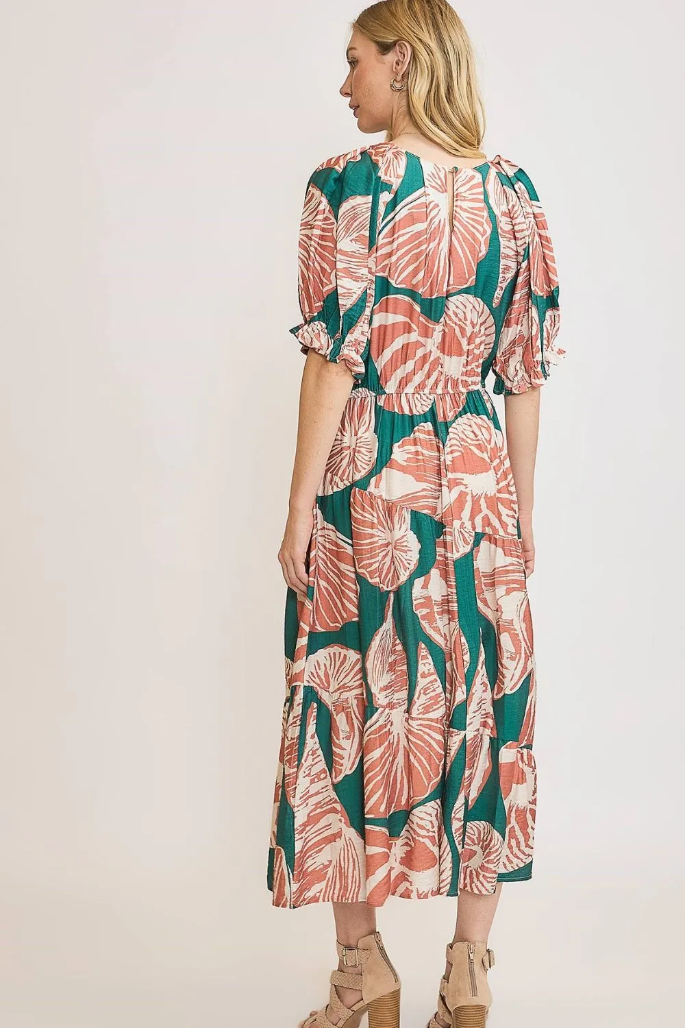 Green/Clay Printed Notched Puff Sleeve Midi Dress