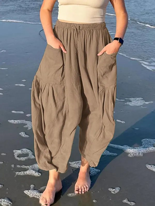 High Waisted Loose Drawstring Elasticity Pleated Pockets Solid Color Ninth Pants Trousers