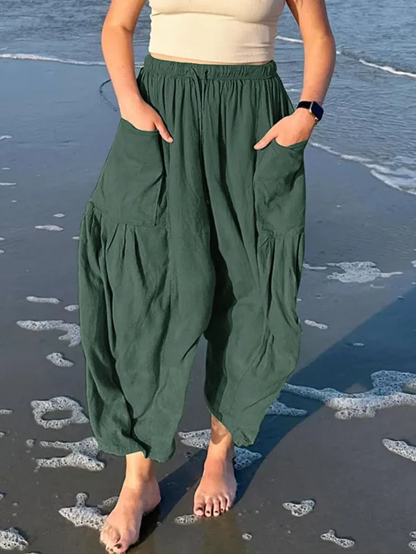 High Waisted Loose Drawstring Elasticity Pleated Pockets Solid Color Ninth Pants Trousers