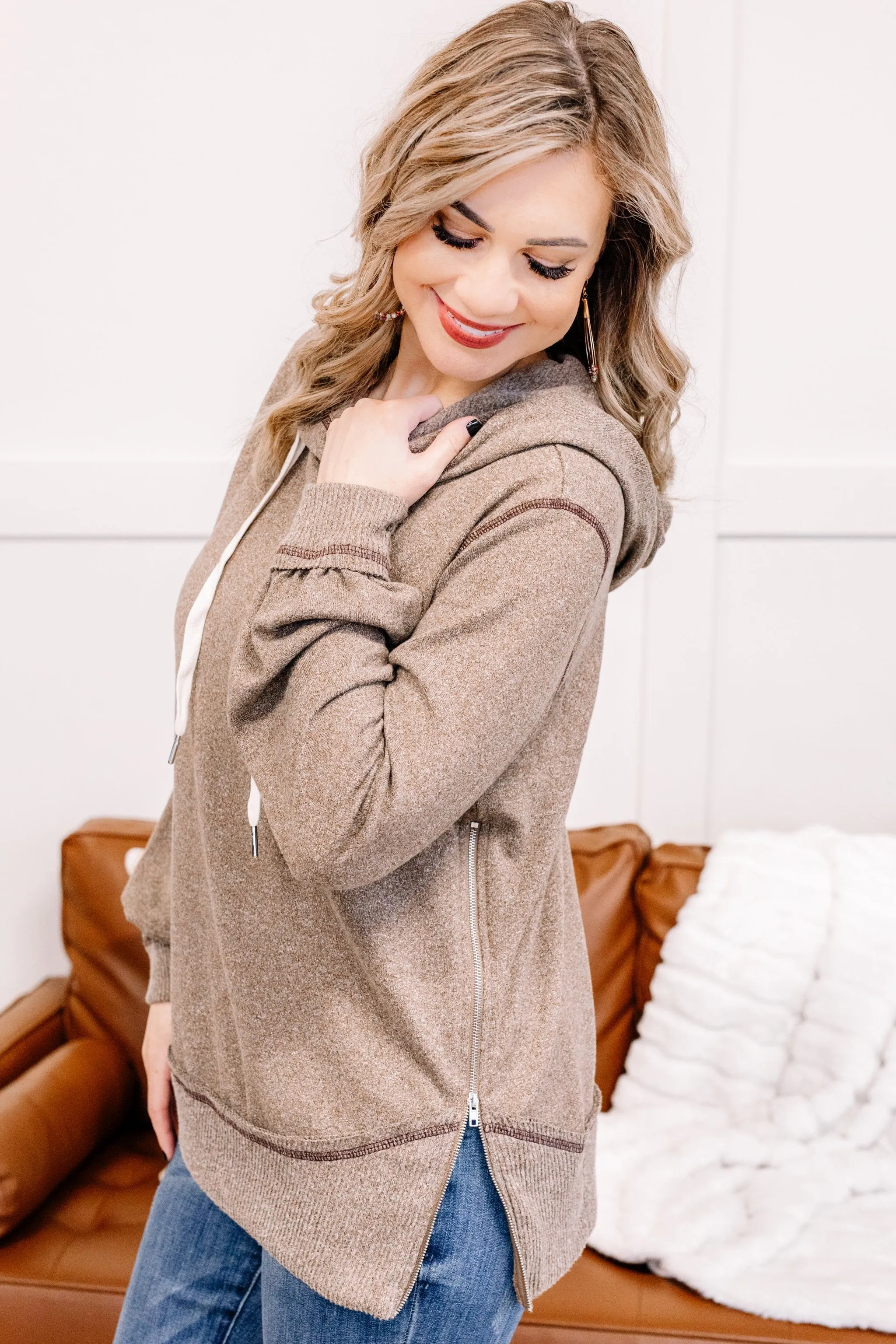 Inside Job Side Zip Hoodie In Taupe