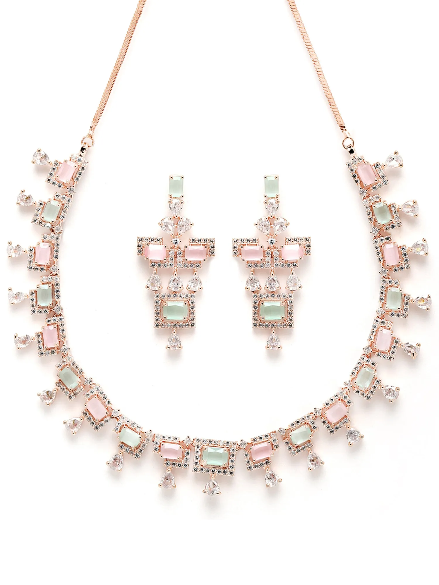 Karatcart Pink and Light Green CZ Studded American Diamond Necklace Set For Women