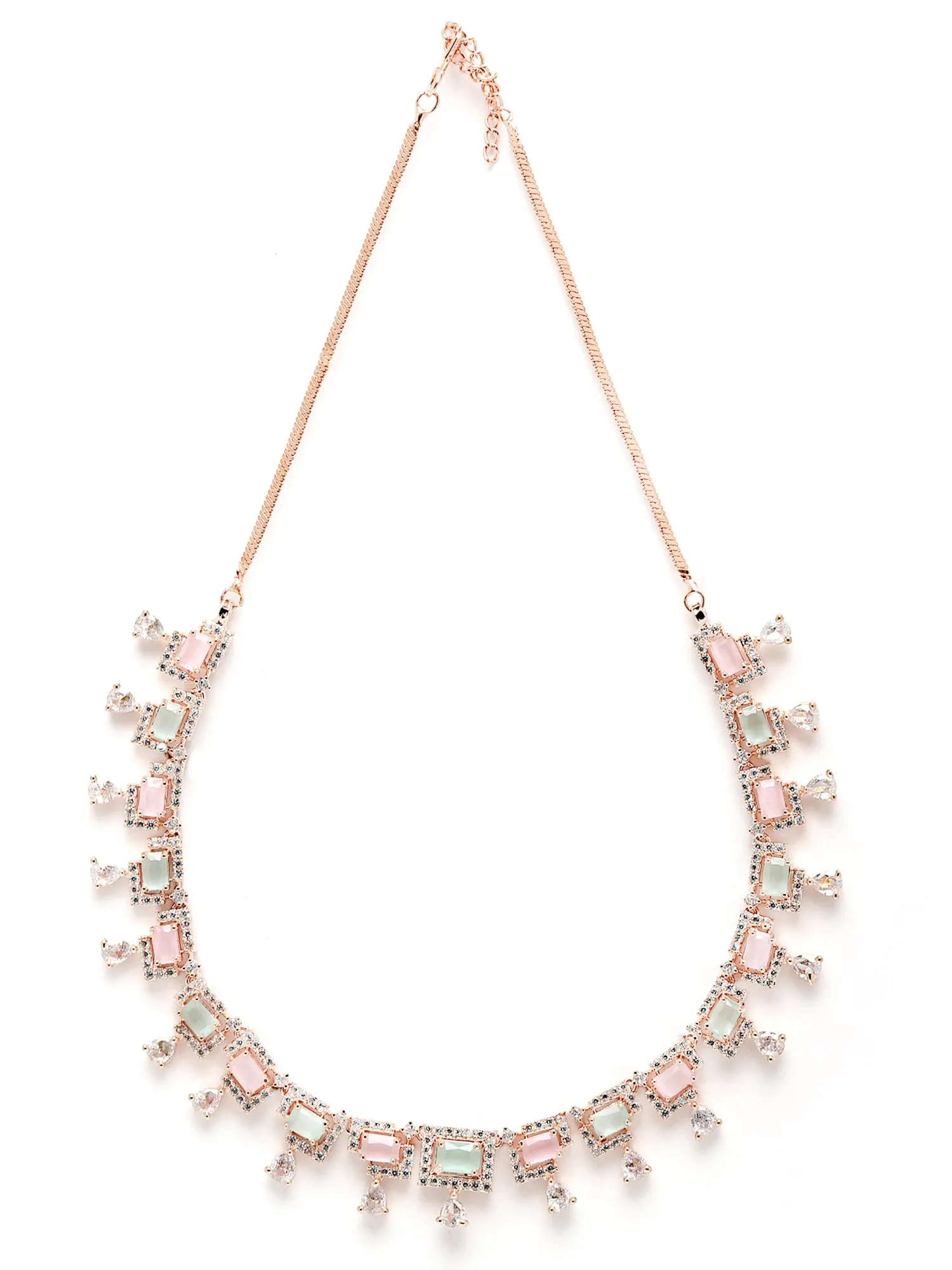 Karatcart Pink and Light Green CZ Studded American Diamond Necklace Set For Women