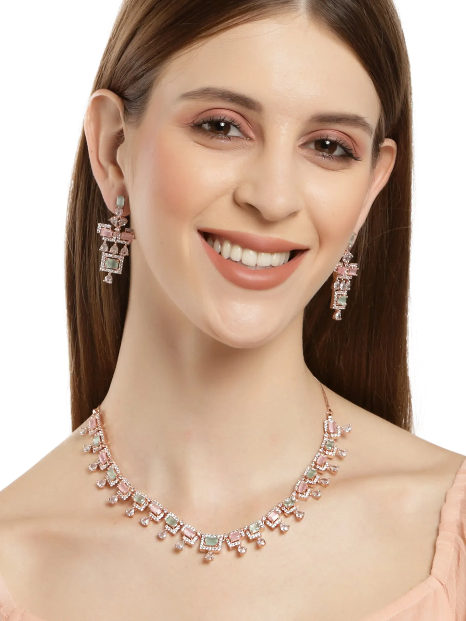 Karatcart Pink and Light Green CZ Studded American Diamond Necklace Set For Women