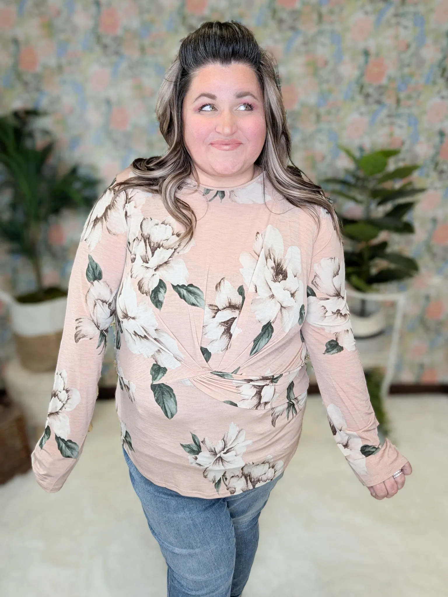 Lachlan Gathered Front Floral Top in Peachy Taupe