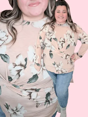 Lachlan Gathered Front Floral Top in Peachy Taupe