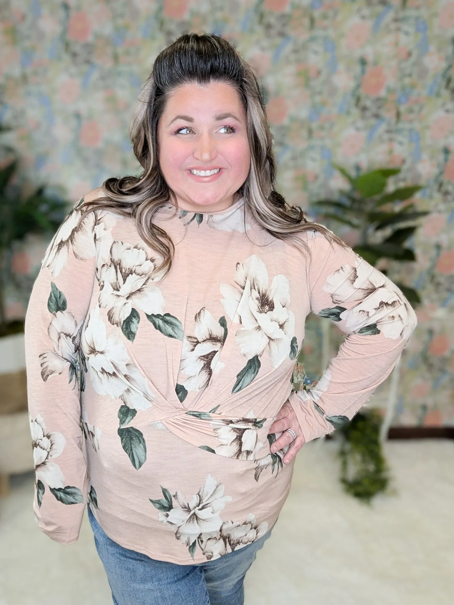 Lachlan Gathered Front Floral Top in Peachy Taupe