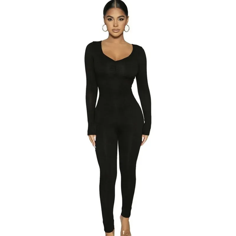 Lauren Long Sleeve Ruched Ribbed Bodycon Jumpsuit