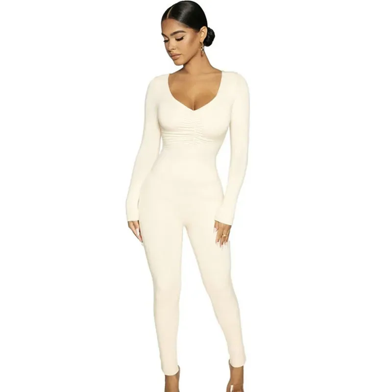 Lauren Long Sleeve Ruched Ribbed Bodycon Jumpsuit