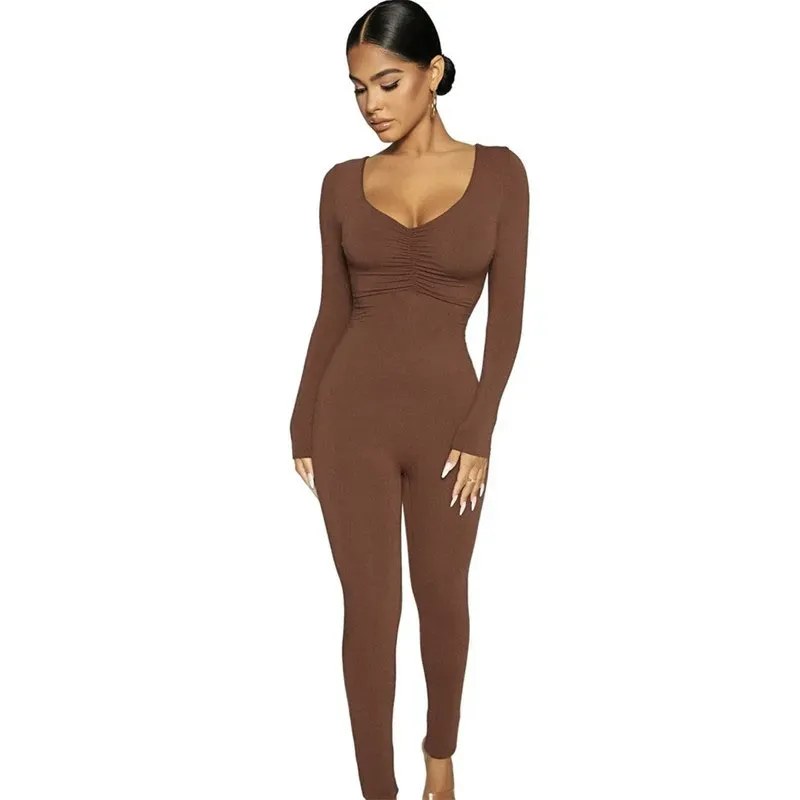 Lauren Long Sleeve Ruched Ribbed Bodycon Jumpsuit