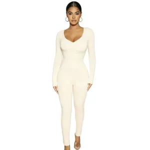 Lauren Long Sleeve Ruched Ribbed Bodycon Jumpsuit