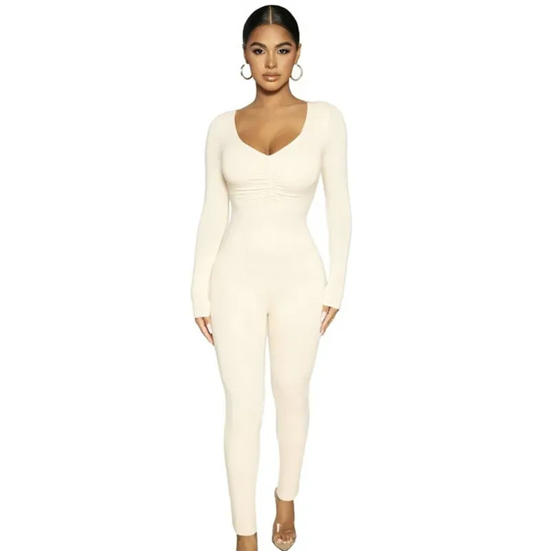 Lauren Long Sleeve Ruched Ribbed Bodycon Jumpsuit