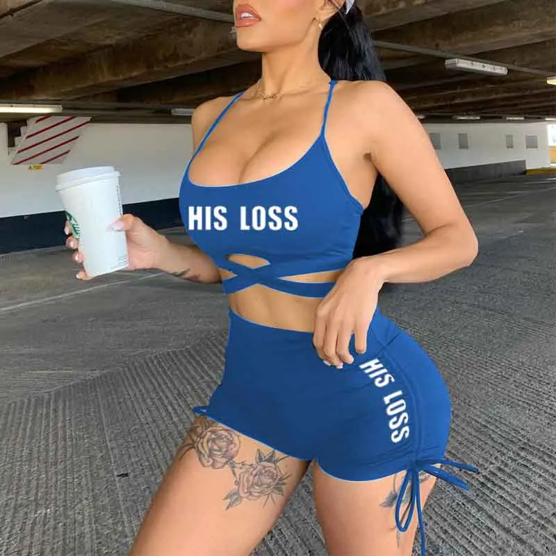 Letter Print Drawstring 2PCS Shorts Set