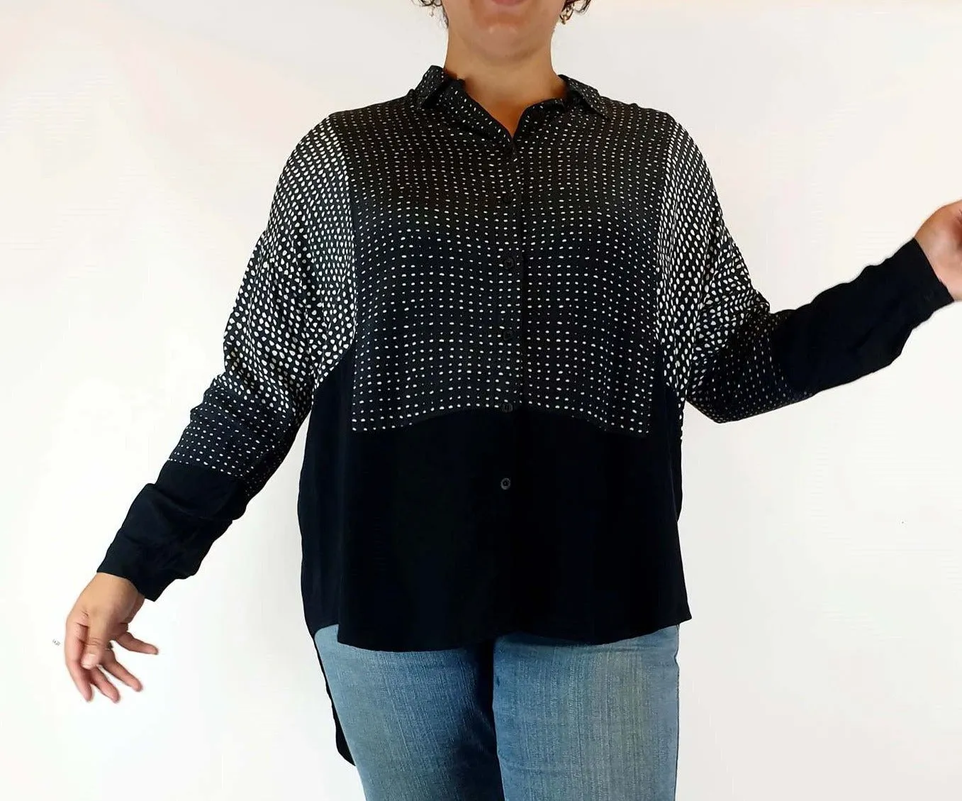 Life With Bird navy print oversize shirt size 4 (best fits 14)