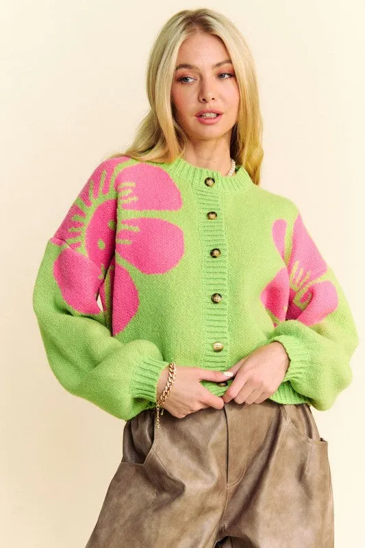 Lime Green Flower Contrast Round Neck Long Sleeve Cardigan