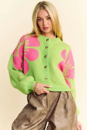 Lime Green Flower Contrast Round Neck Long Sleeve Cardigan