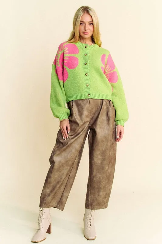 Lime Green Flower Contrast Round Neck Long Sleeve Cardigan