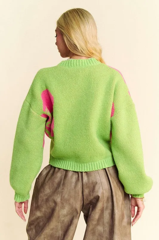 Lime Green Flower Contrast Round Neck Long Sleeve Cardigan