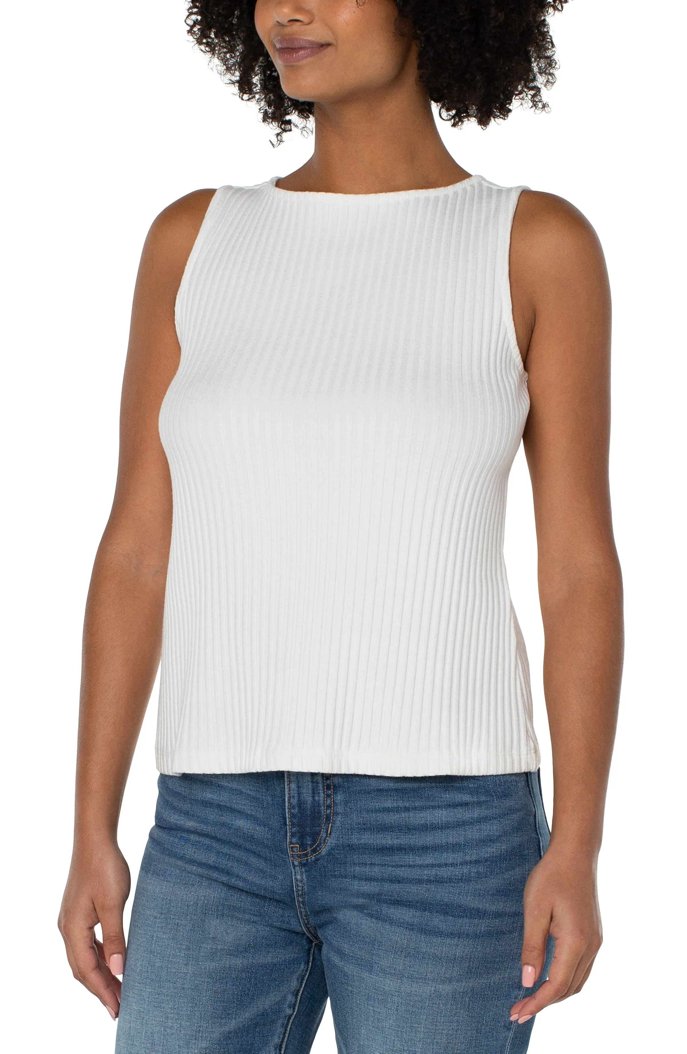 Liverpool White Sleeveless Boat Neck Rib Knit Top