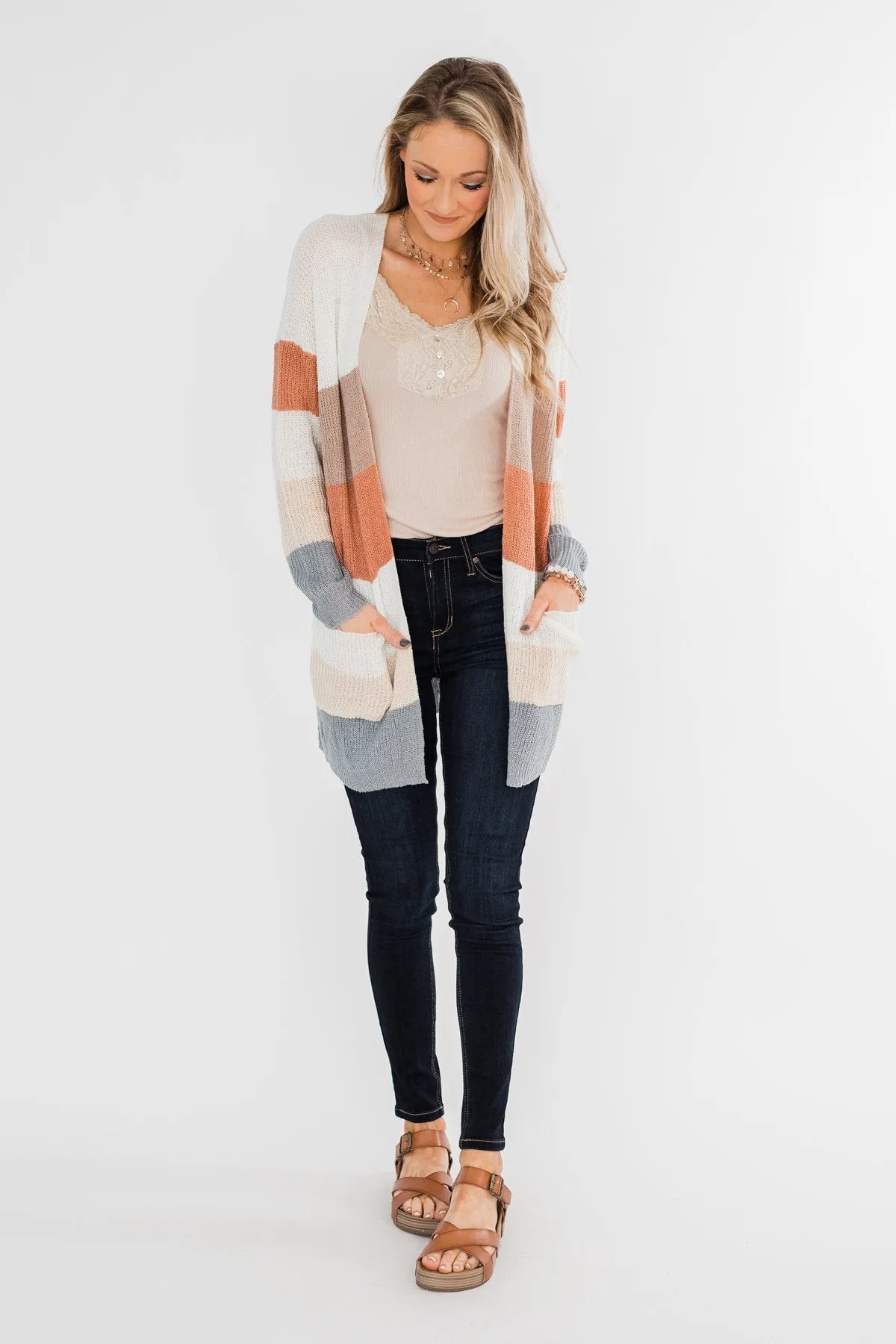 Long Knitted Color Block Cardigan- Neutral Tones