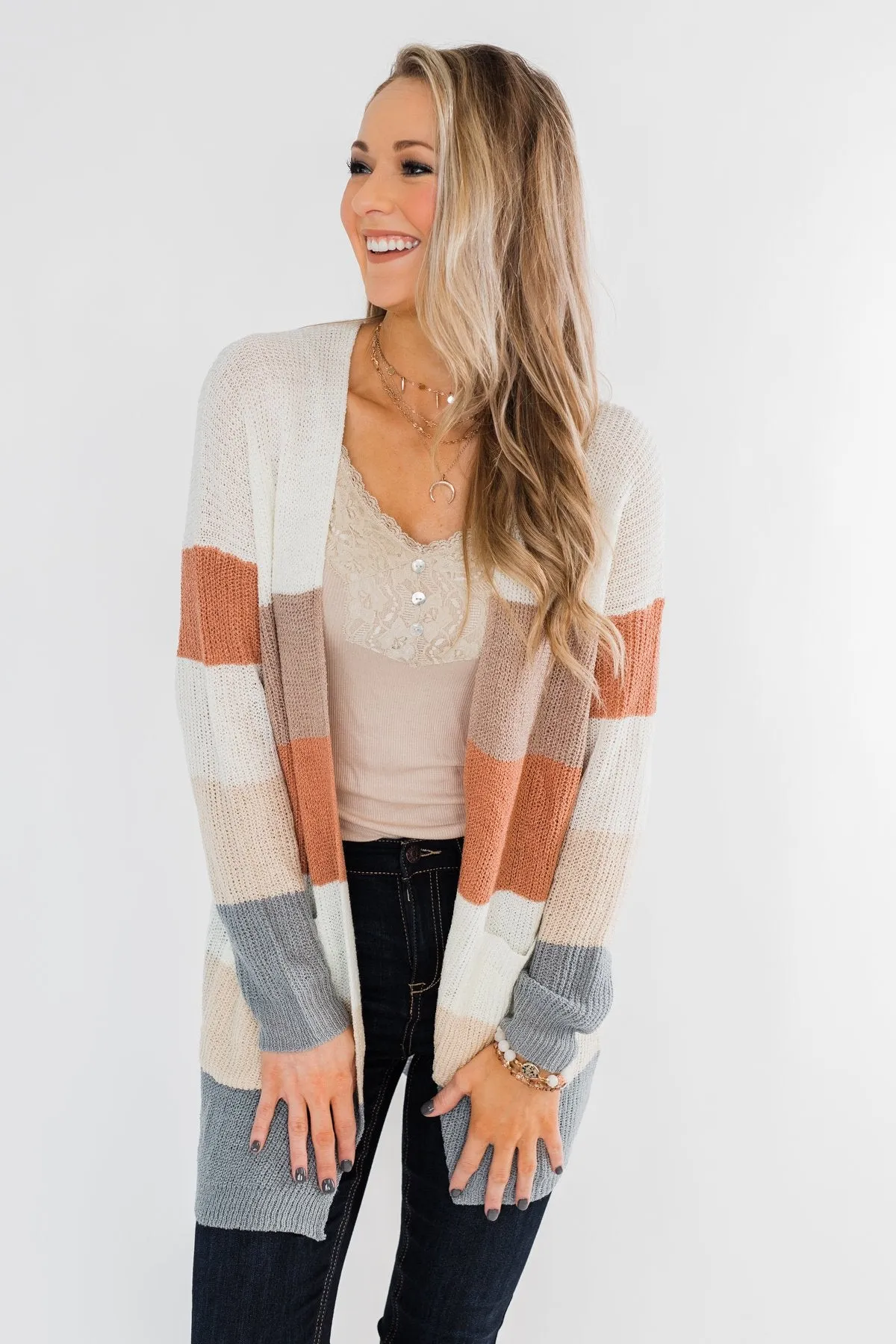 Long Knitted Color Block Cardigan- Neutral Tones