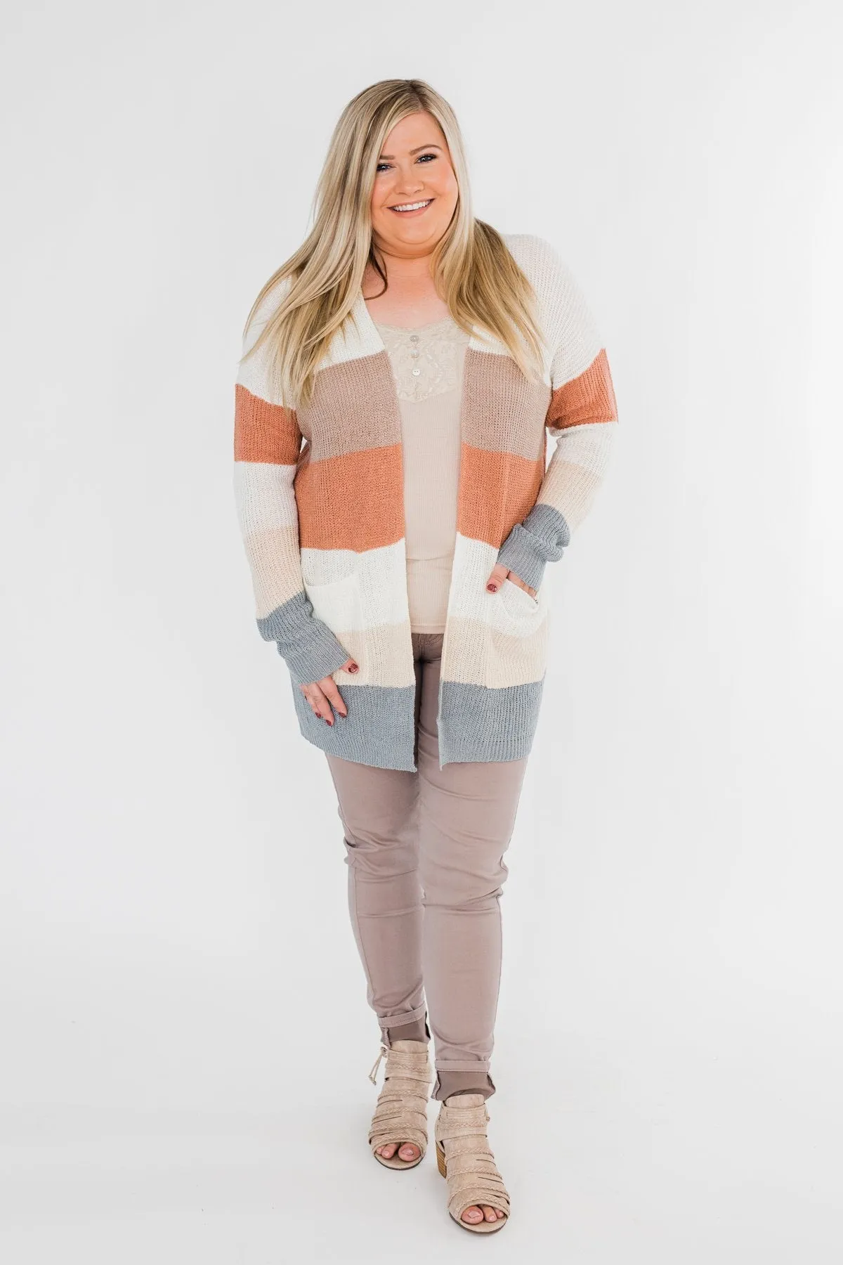 Long Knitted Color Block Cardigan- Neutral Tones