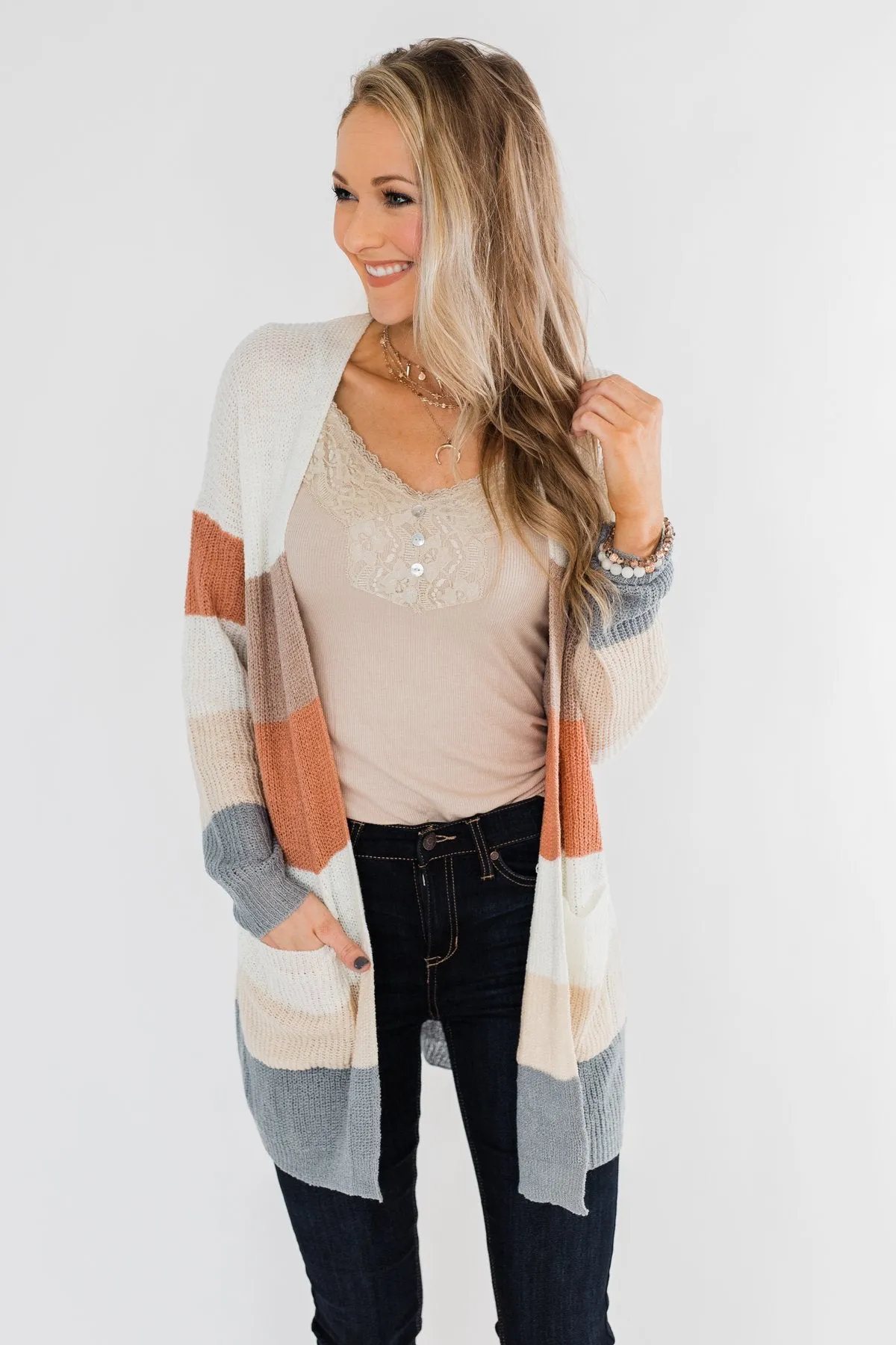 Long Knitted Color Block Cardigan- Neutral Tones