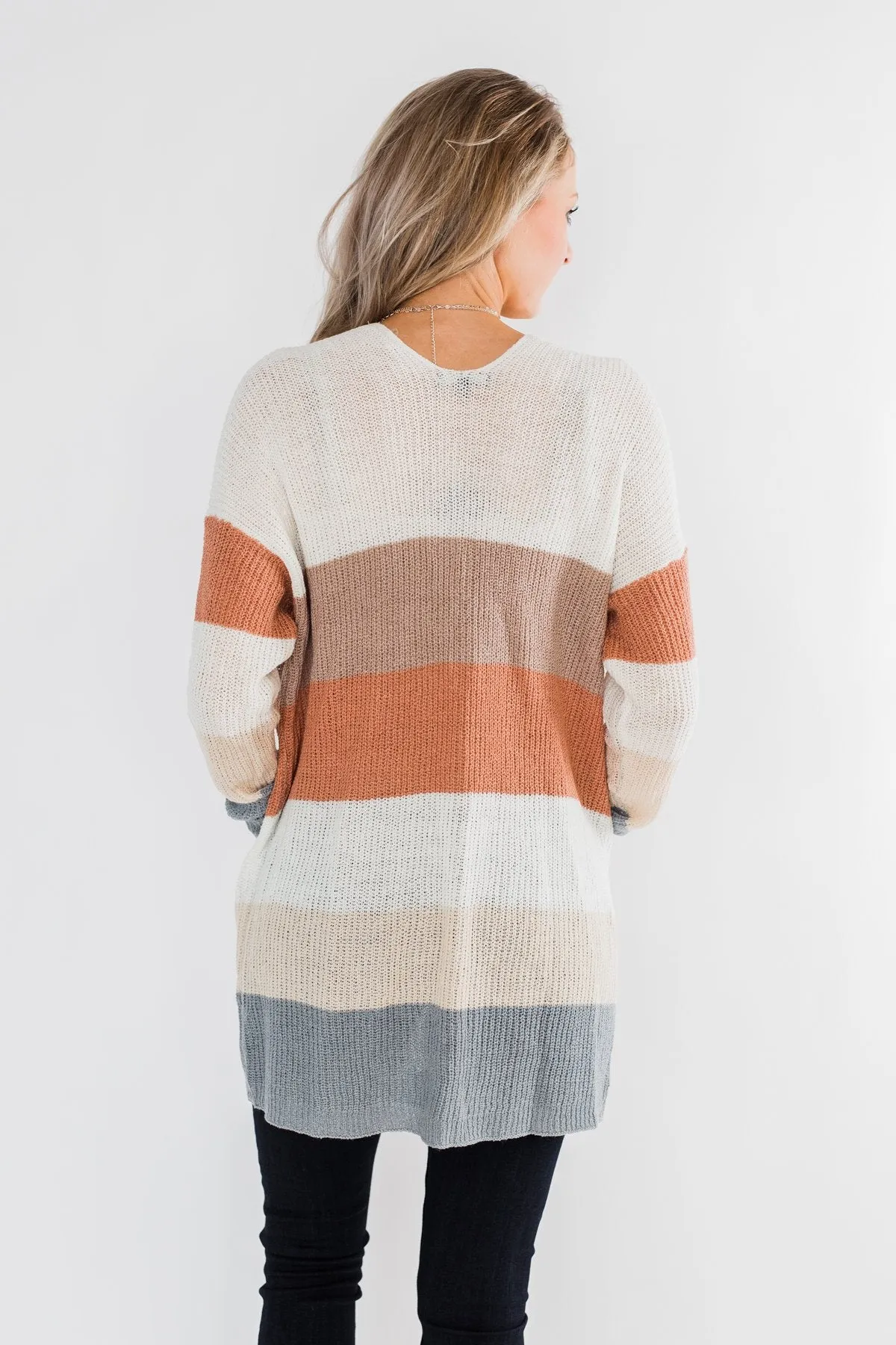 Long Knitted Color Block Cardigan- Neutral Tones