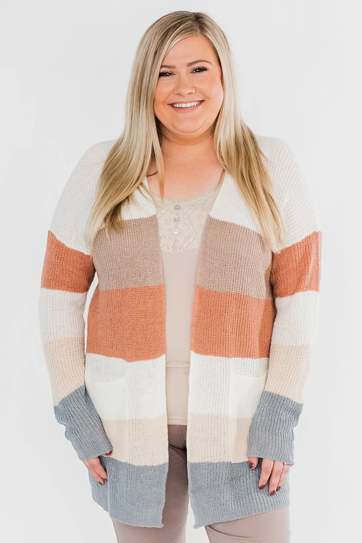 Long Knitted Color Block Cardigan- Neutral Tones