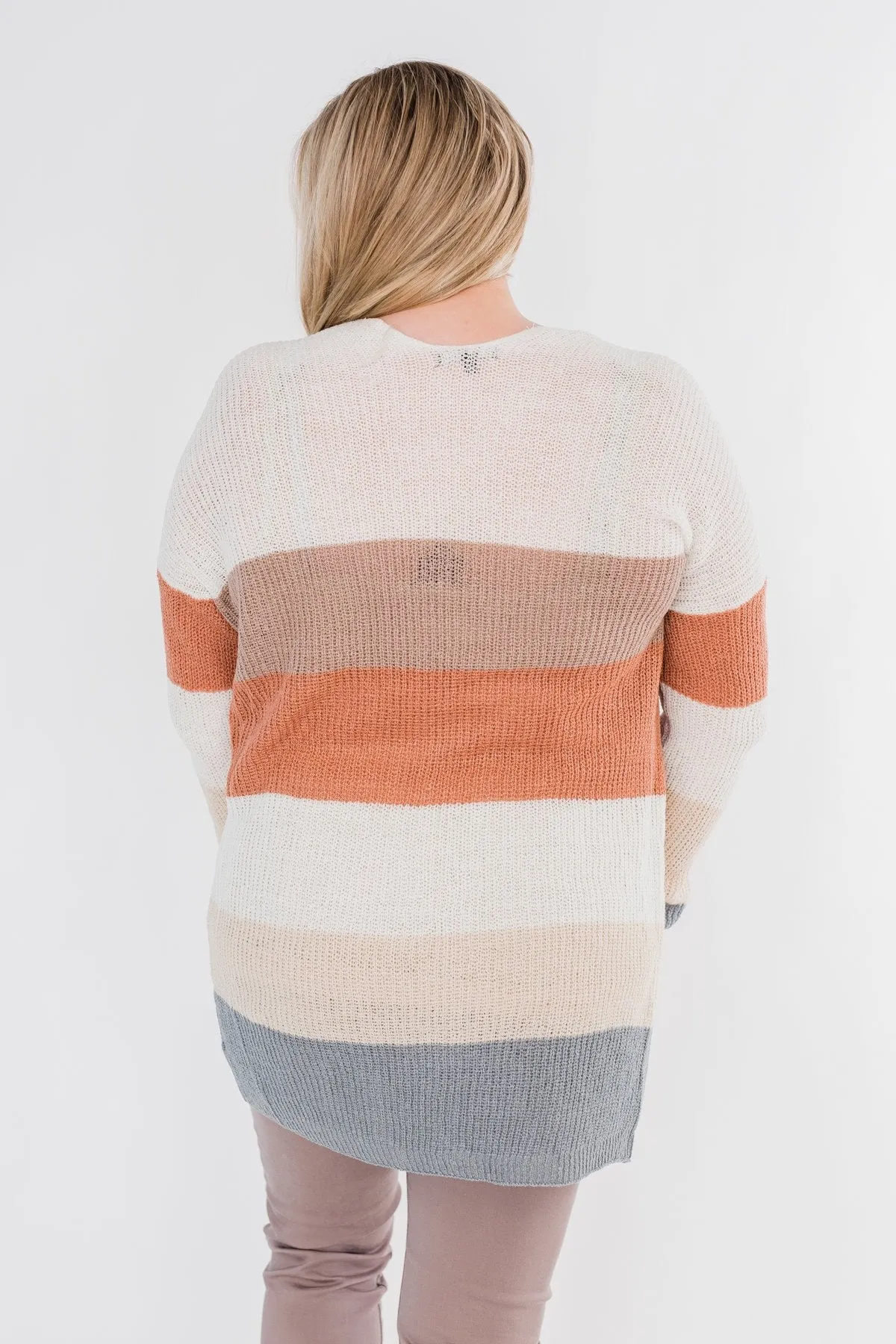 Long Knitted Color Block Cardigan- Neutral Tones