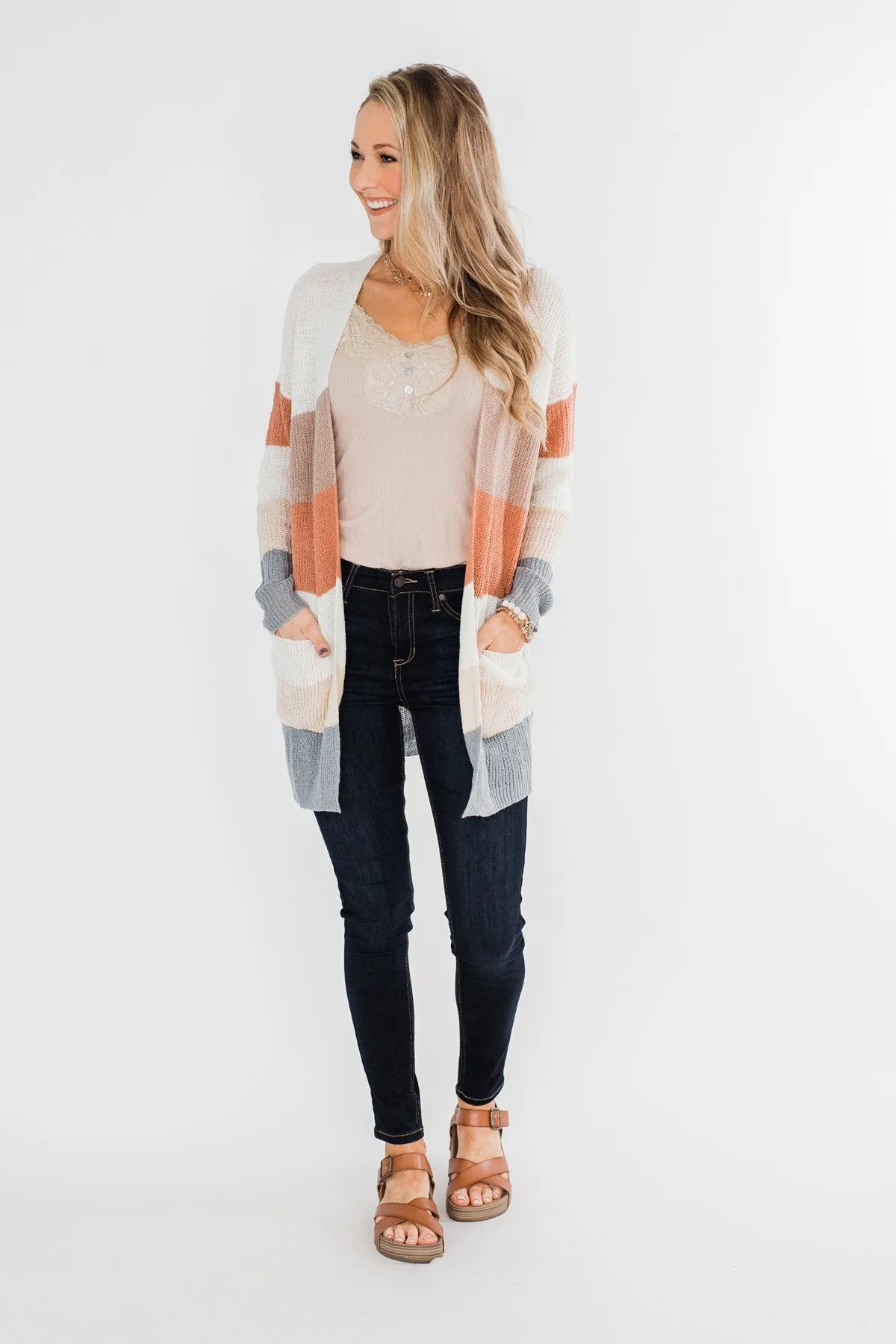 Long Knitted Color Block Cardigan- Neutral Tones
