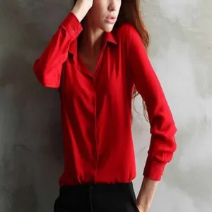 Loose Solid Color Long Sleeve Chiffon Women Blouse White Black Blue Women Chiffon Blouse V-neck Shirt Tops