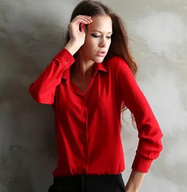 Loose Solid Color Long Sleeve Chiffon Women Blouse White Black Blue Women Chiffon Blouse V-neck Shirt Tops