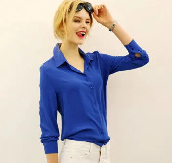 Loose Solid Color Long Sleeve Chiffon Women Blouse White Black Blue Women Chiffon Blouse V-neck Shirt Tops