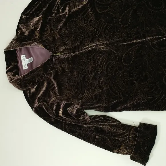 Lush Oscar de la Renta Lounge wear Robe Stretch Velvet Pocket Aubergine &amp; Gold