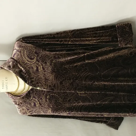 Lush Oscar de la Renta Lounge wear Robe Stretch Velvet Pocket Aubergine &amp; Gold