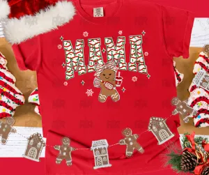 Mama Christmas Cake Pattern Cutesy Gingerbread Girl Red Tee