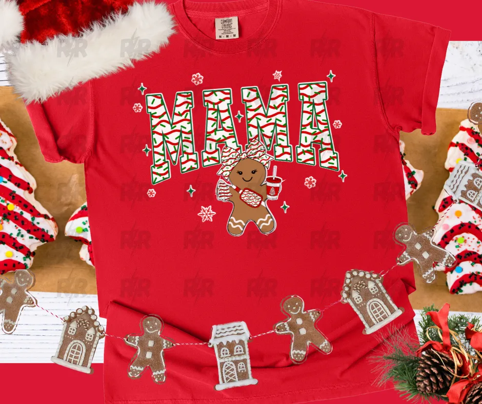 Mama Christmas Cake Pattern Cutesy Gingerbread Girl Red Tee