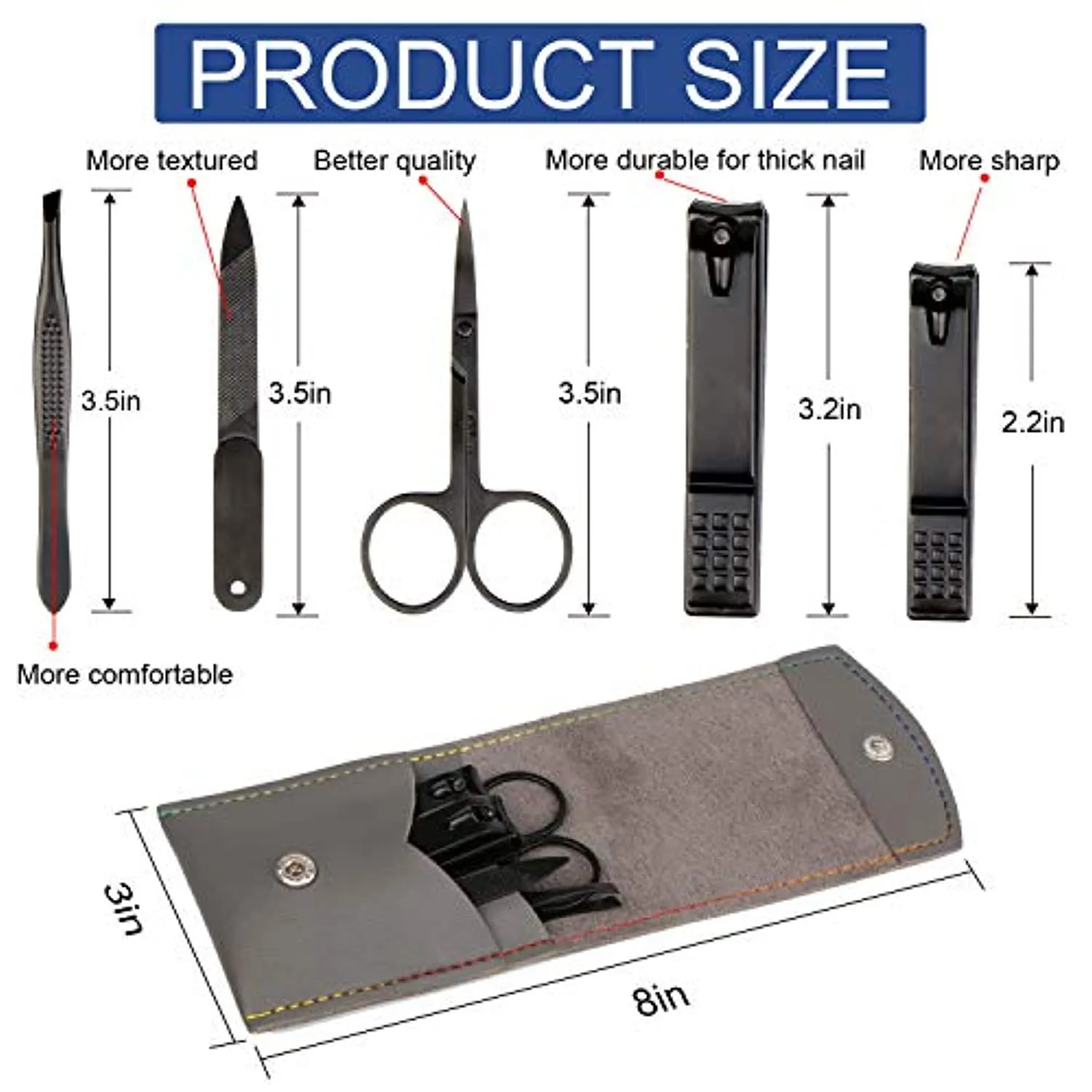 Manicure Pedicure Kit Nail Clippers Set High Quality Fingernails & Toenails Vibrissac Scissor 5 Pieces Best Care Tools for Man & Women with Travel Case (Black_A)