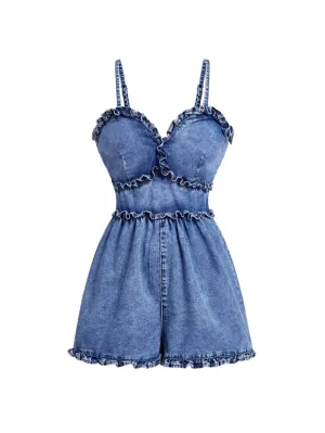 Milena Casual Denim Cami – High Waist Frill & Shirred – Blue