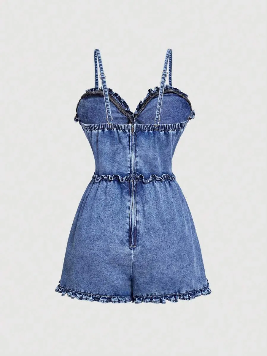 Milena Casual Denim Cami – High Waist Frill & Shirred – Blue