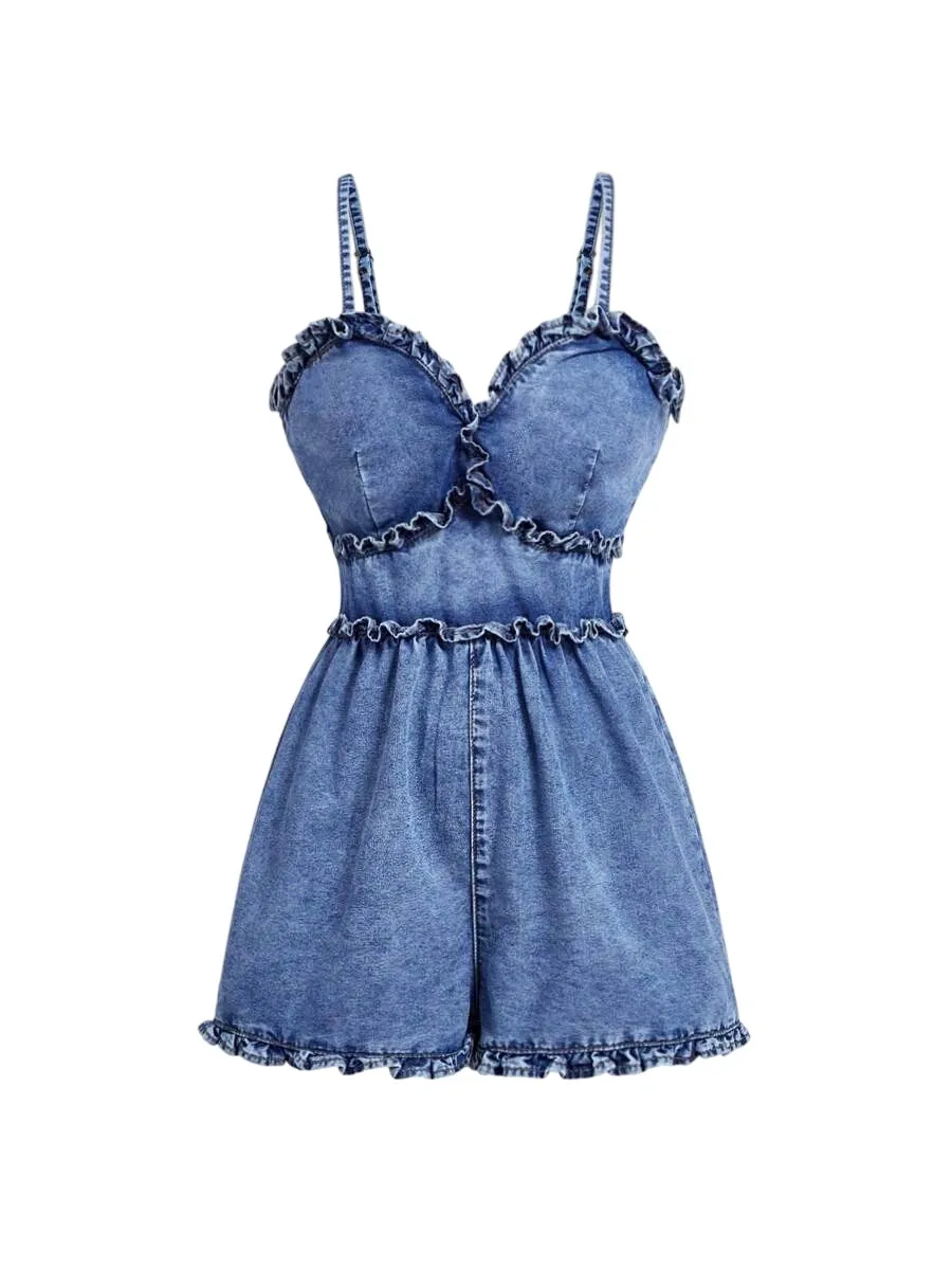 Milena Casual Denim Cami – High Waist Frill & Shirred – Blue