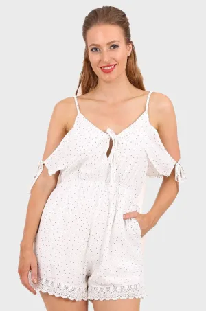 MISS PINKI Anastasia laced playsuit in white polka dot