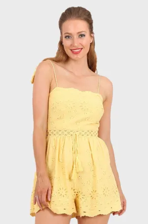MISS PINKI Aviana lace insert broidery spaghetti Playsuit - yellow