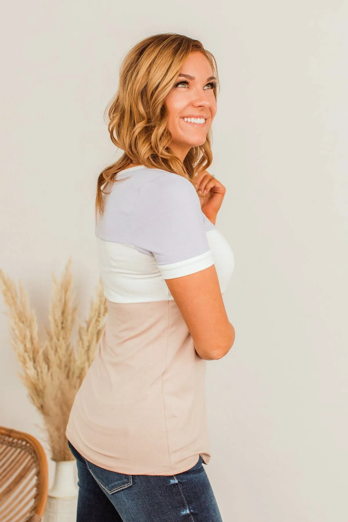 Moment Of Zen Color Block Top- Lavender & Taupe