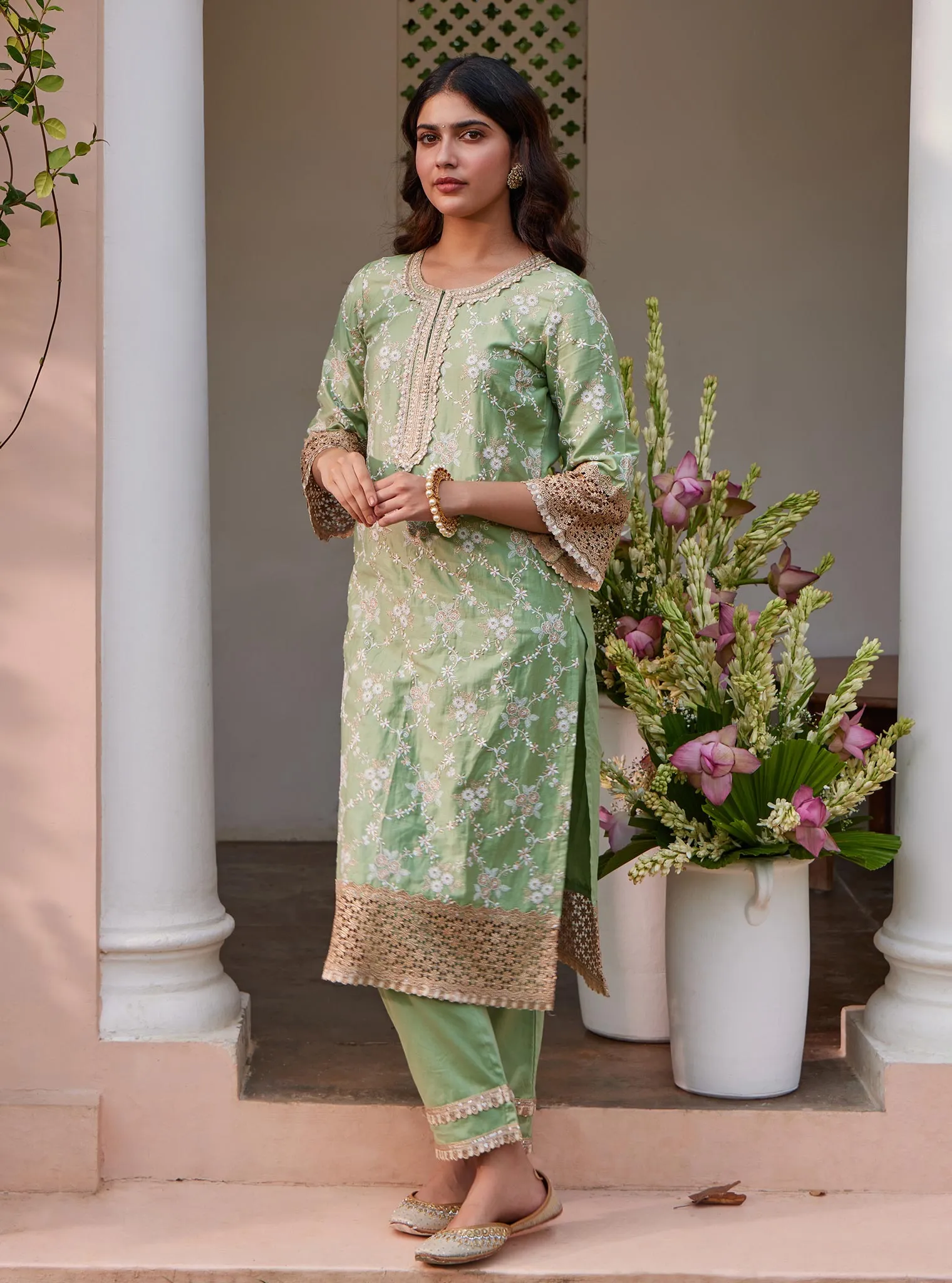 Mulmul Pima Agasti Green Kurta with Mulmul Pima Agasti Green Pant