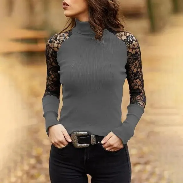 New Dazzling Spring and Autumn Women's Knitted Turtleneck Sweater Casual Soft O-neck Jumper Fashion Slim Lace Hollow Out Long Sleeves Clothes