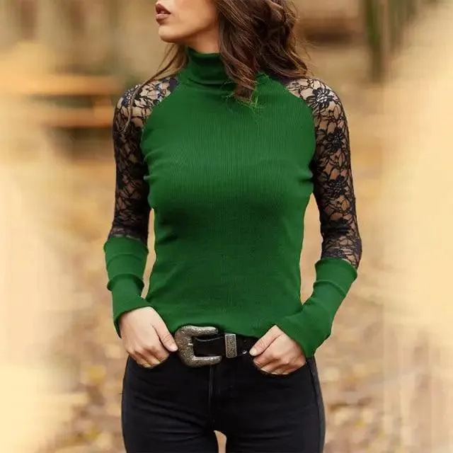 New Dazzling Spring and Autumn Women's Knitted Turtleneck Sweater Casual Soft O-neck Jumper Fashion Slim Lace Hollow Out Long Sleeves Clothes
