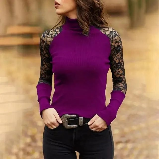 New Dazzling Spring and Autumn Women's Knitted Turtleneck Sweater Casual Soft O-neck Jumper Fashion Slim Lace Hollow Out Long Sleeves Clothes