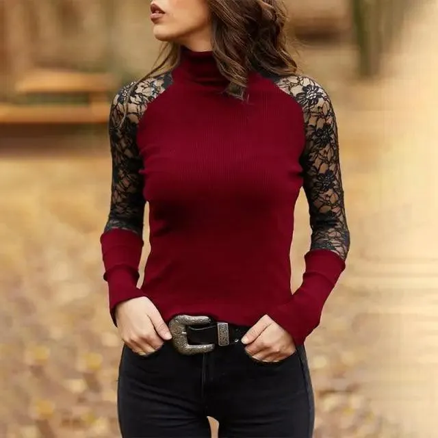 New Dazzling Spring and Autumn Women's Knitted Turtleneck Sweater Casual Soft O-neck Jumper Fashion Slim Lace Hollow Out Long Sleeves Clothes