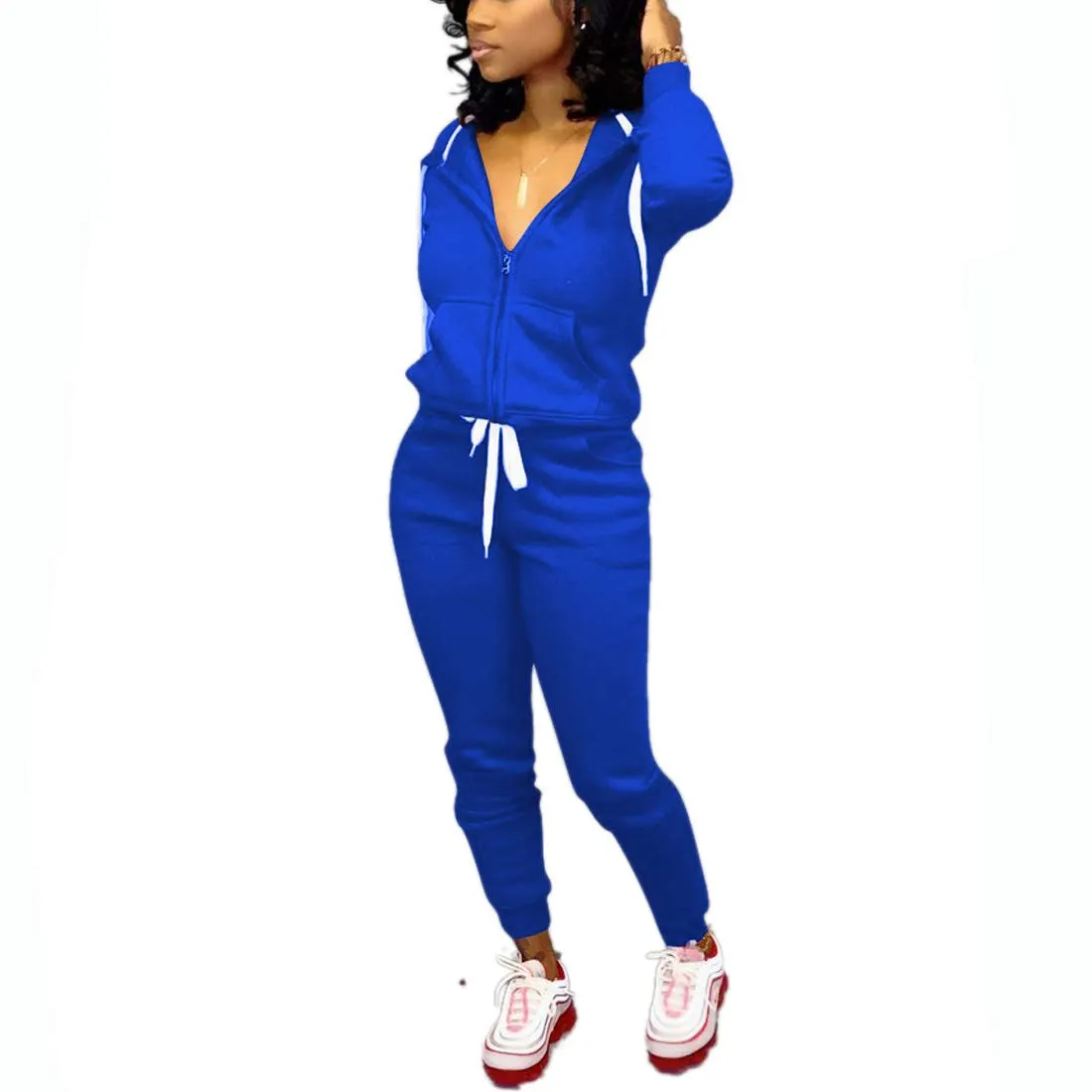 Nimsruc Jogging Suits for Women 2 Piece Tracksuit Long Sleeve Casual Hooded Zipper Pants Set Blue XL